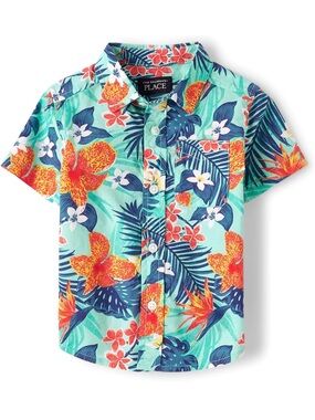 The Children's Place Poplin Short-Sleeve Button Down Shirt, Aqua Tropical, 2T
